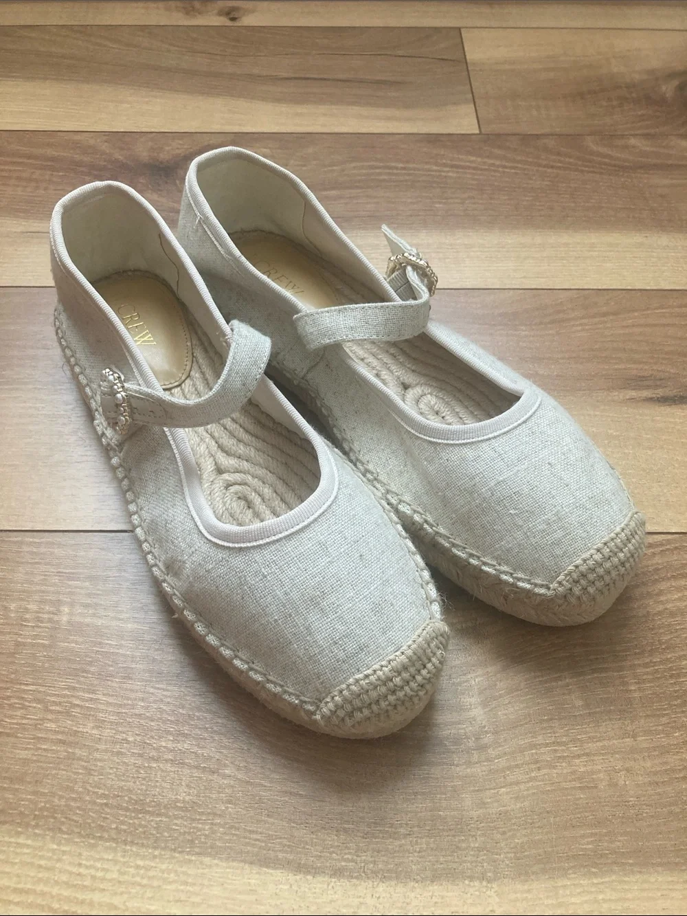 J. Crew Off White Linen Espadrille Mary Shane Flats With Pearl Buckle